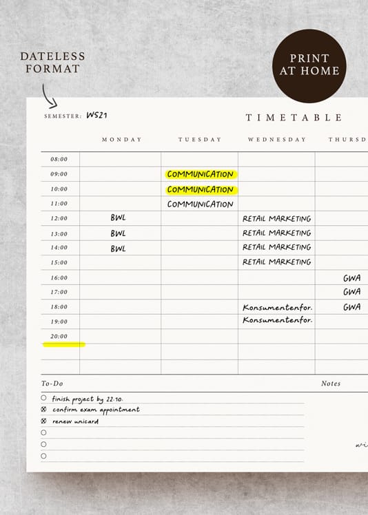 Printable Student Timetable - Horizontal