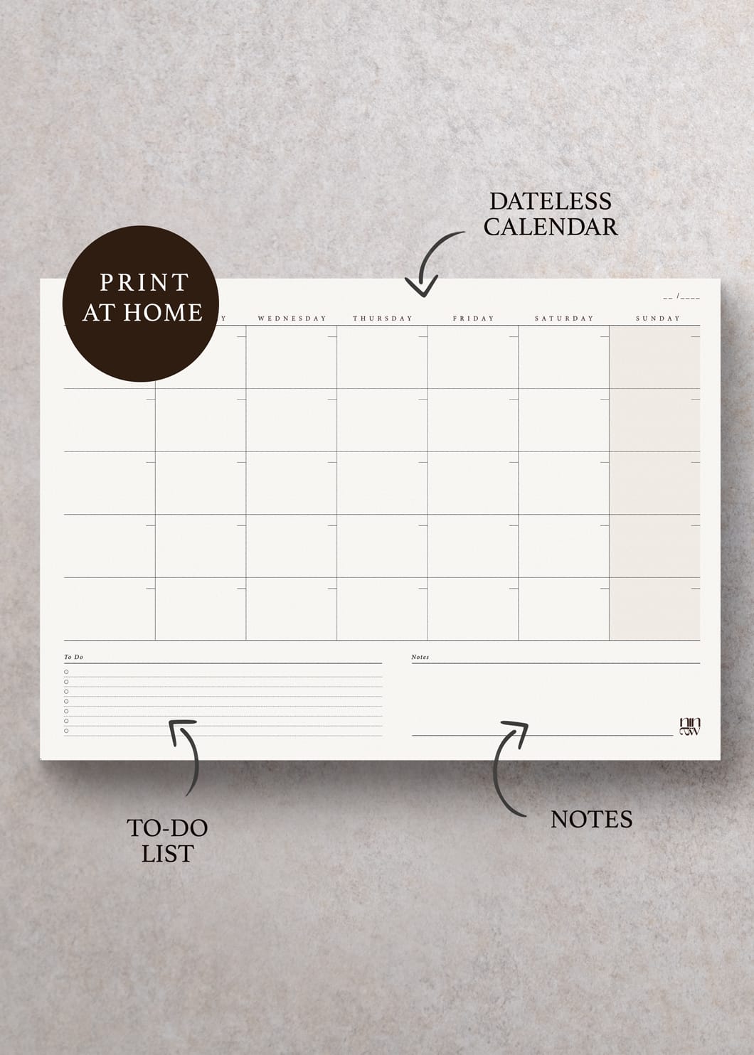 Printable Monthly Overview - Horizontal