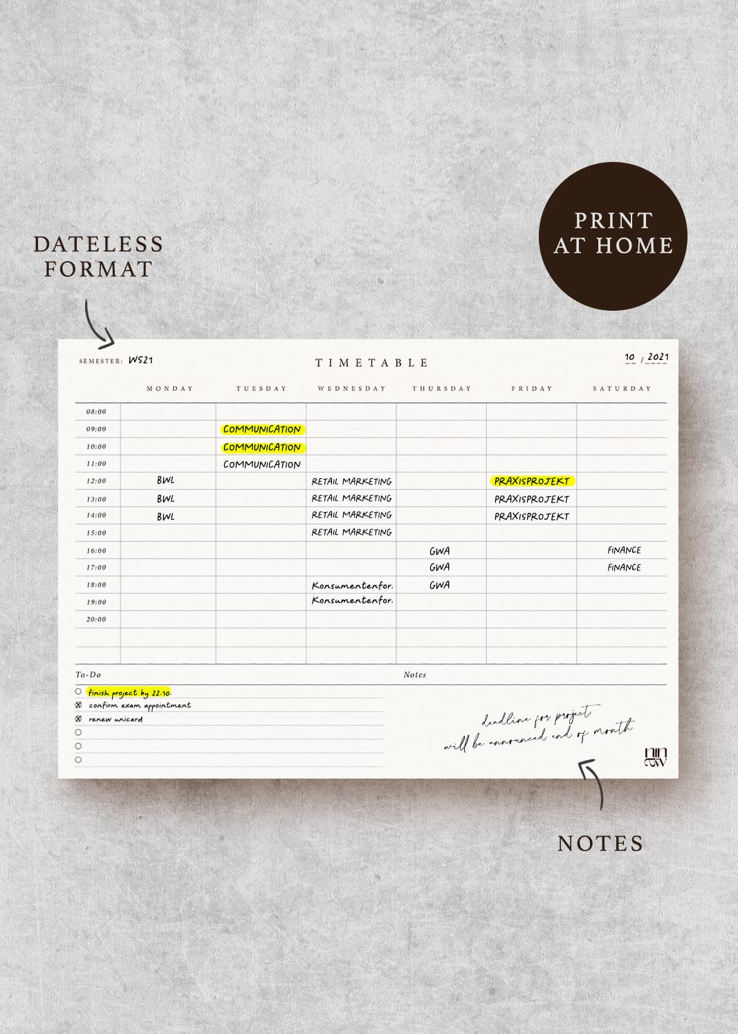 Printable Student Timetable - Horizontal